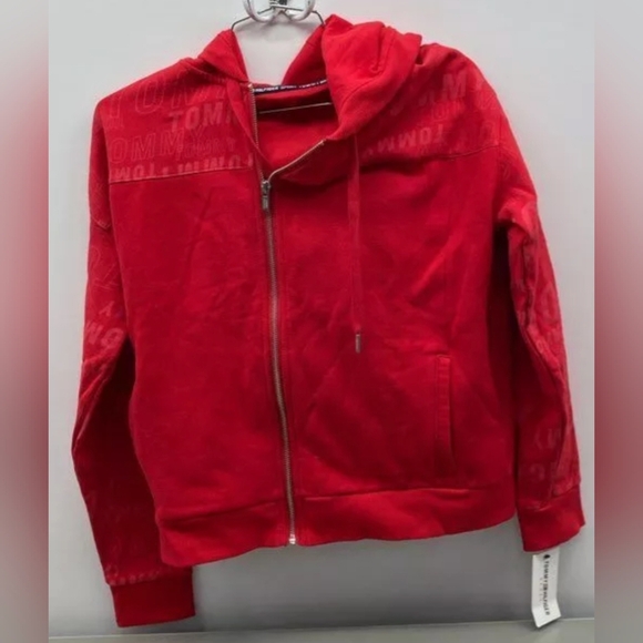 Tommy Hilfiger Zip-Front Logo Red Hoodie Sweatshirt Size Small NWT MSRP… - Picture 1 of 4